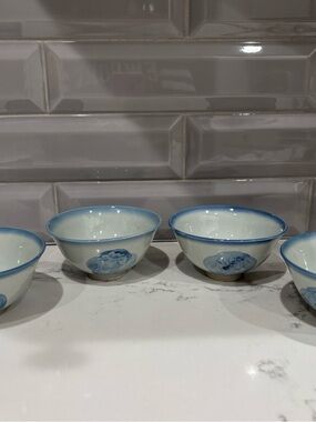Vintage Chinese Blue & Gray  Porcelain Bowls w/4 Different Scenes Rice/Tea Bowls
